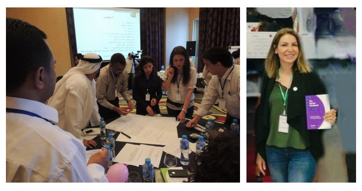 Izquierda: Taller Esfera en 2013, derecha: Aya sosteniendo el Manual Esfera de 2018