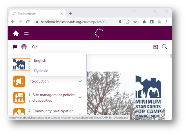 Capture d’écran de la version anglaise du manuel interactif montrant la couverture des Normes minimales pour la gestion des camps (CAMP). Le menu de « téléchargement » est déroulé et propose les options « anglais » et « dyslexie ».